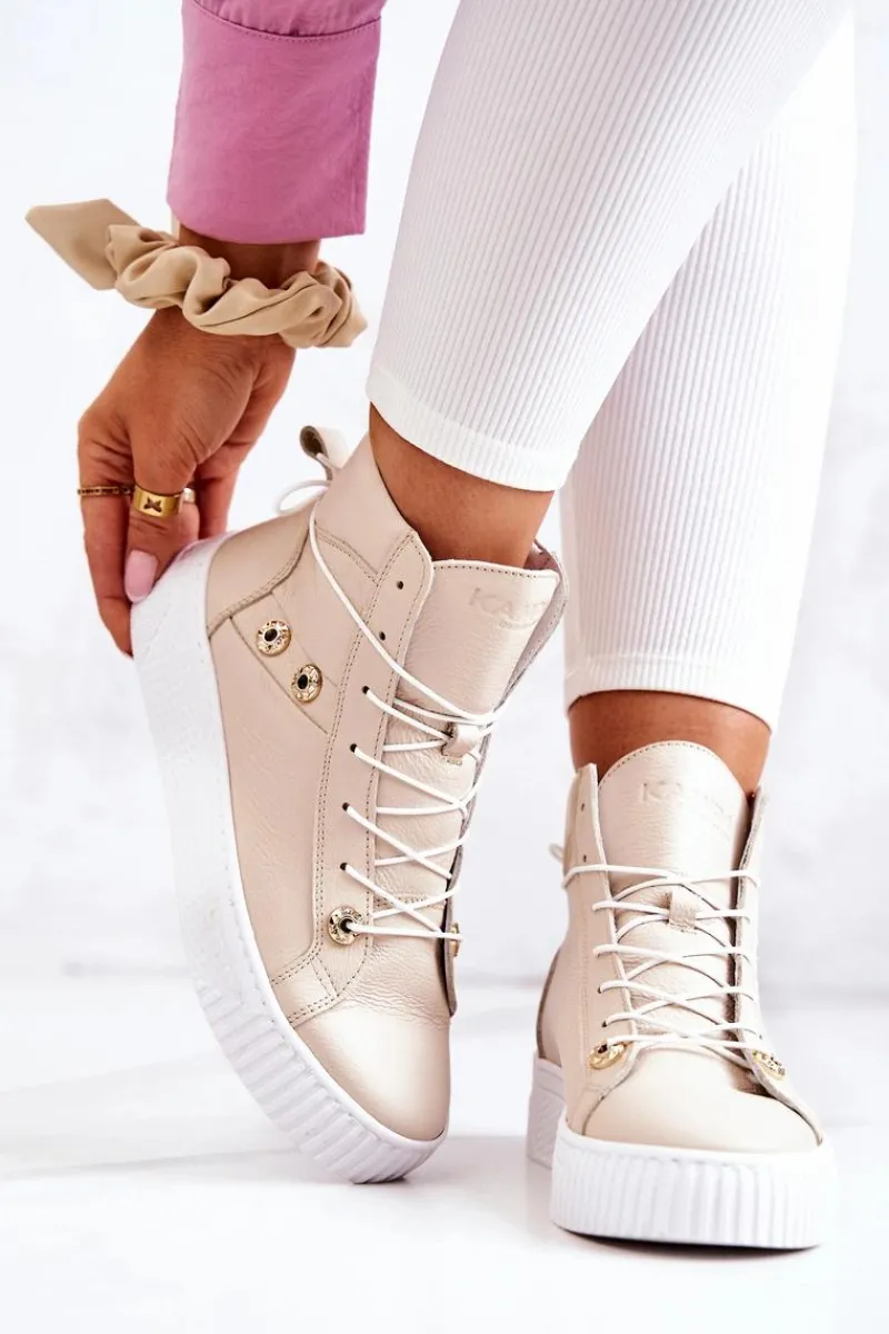 Sale Botki Wysokie Trampki Skórzane Beżowo-Białe Ashlee Damskie Trampki Damskie Wysokie|Botki Wiosenne