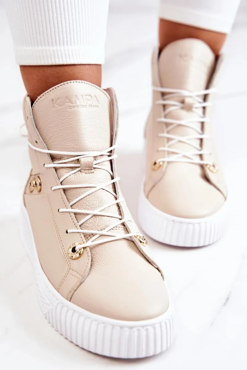 Sale Botki Wysokie Trampki Skórzane Beżowo-Białe Ashlee Damskie Trampki Damskie Wysokie|Botki Wiosenne