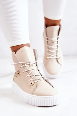 Sale Botki Wysokie Trampki Skórzane Beżowo-Białe Ashlee Damskie Trampki Damskie Wysokie|Botki Wiosenne