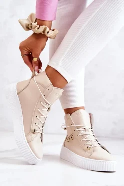 Sale Botki Wysokie Trampki Skórzane Beżowo-Białe Ashlee Damskie Trampki Damskie Wysokie|Botki Wiosenne