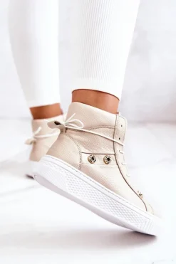 Sale Botki Wysokie Trampki Skórzane Beżowo-Białe Ashlee Damskie Trampki Damskie Wysokie|Botki Wiosenne