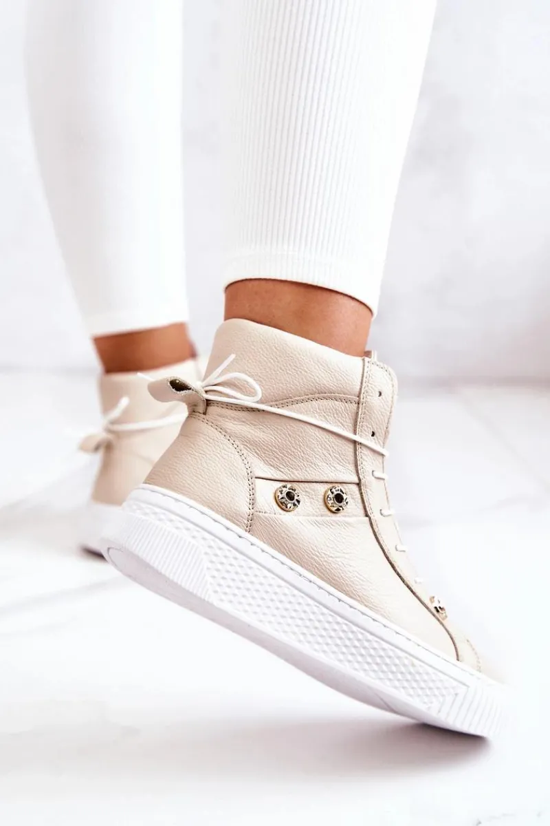 Sale Botki Wysokie Trampki Skórzane Beżowo-Białe Ashlee Damskie Trampki Damskie Wysokie|Botki Wiosenne