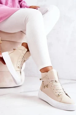 Sale Botki Wysokie Trampki Skórzane Beżowo-Białe Ashlee Damskie Trampki Damskie Wysokie|Botki Wiosenne