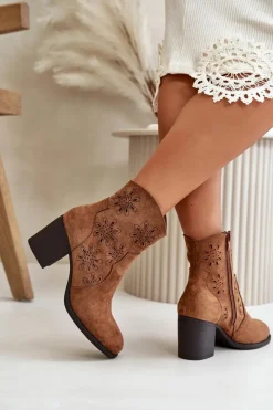 Discount Boto Botki Z Ażurową Cholewką Na Słupku Eko Zamszowe Brązowe Nevishiia Brązowy