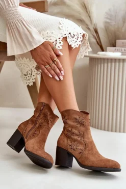 Discount Boto Botki Z Ażurową Cholewką Na Słupku Eko Zamszowe Brązowe Nevishiia Brązowy
