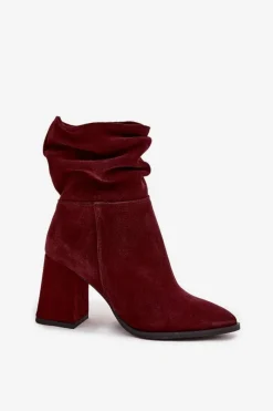 Hot Zazoo Botki Z Naturalnego Zamszu Ocieplane Na Słupku Z Marszczeniem 4216 Bordowe Czerwony