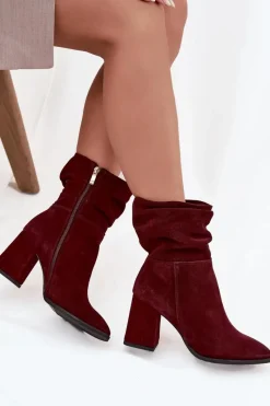 Hot Zazoo Botki Z Naturalnego Zamszu Ocieplane Na Słupku Z Marszczeniem 4216 Bordowe Czerwony