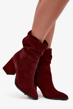 Hot Zazoo Botki Z Naturalnego Zamszu Ocieplane Na Słupku Z Marszczeniem 4216 Bordowe Czerwony