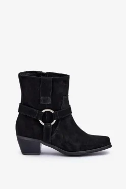 Zazoo Botki Z Naturalnego Zamszu Na Obcasie 3444/2 Czarne Czarny