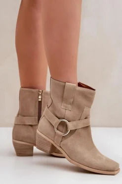 Online Botki Z Naturalnego Zamszu Na Obcasie 3444/2 Jasnobeżowe Damskie Botki Na Słupku|Brązowe I Beżowe Botki