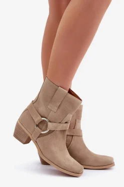 Online Botki Z Naturalnego Zamszu Na Obcasie 3444/2 Jasnobeżowe Damskie Botki Na Słupku|Brązowe I Beżowe Botki