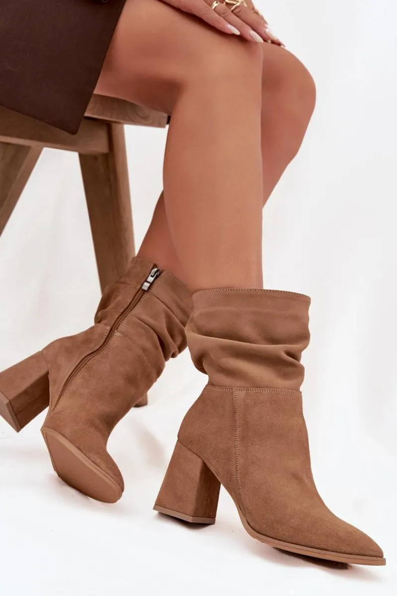 Botki Ocieplane|Botki Skórzane>Zazoo Botki Z Naturalnego Zamszu Ocieplane Na Słupku Z Marszczeniem 4216 Beżowe Beżowy