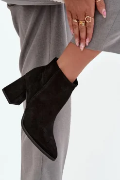 New Zazoo Botki Z Naturalnego Zamszu Obcas Słupek Ocieplane Czarne 3128 Czarny