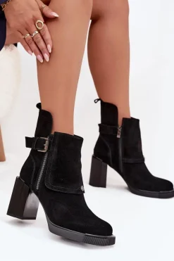 New Botki Z Naturalnego Zamszu Na Słupku Z Klamrą Vinceza 91152 Czarne Damskie Botki Ocieplane|Botki Skórzane