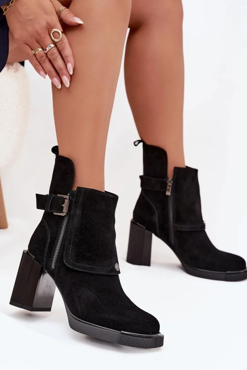 New Botki Z Naturalnego Zamszu Na Słupku Z Klamrą Vinceza 91152 Czarne Damskie Botki Ocieplane|Botki Skórzane