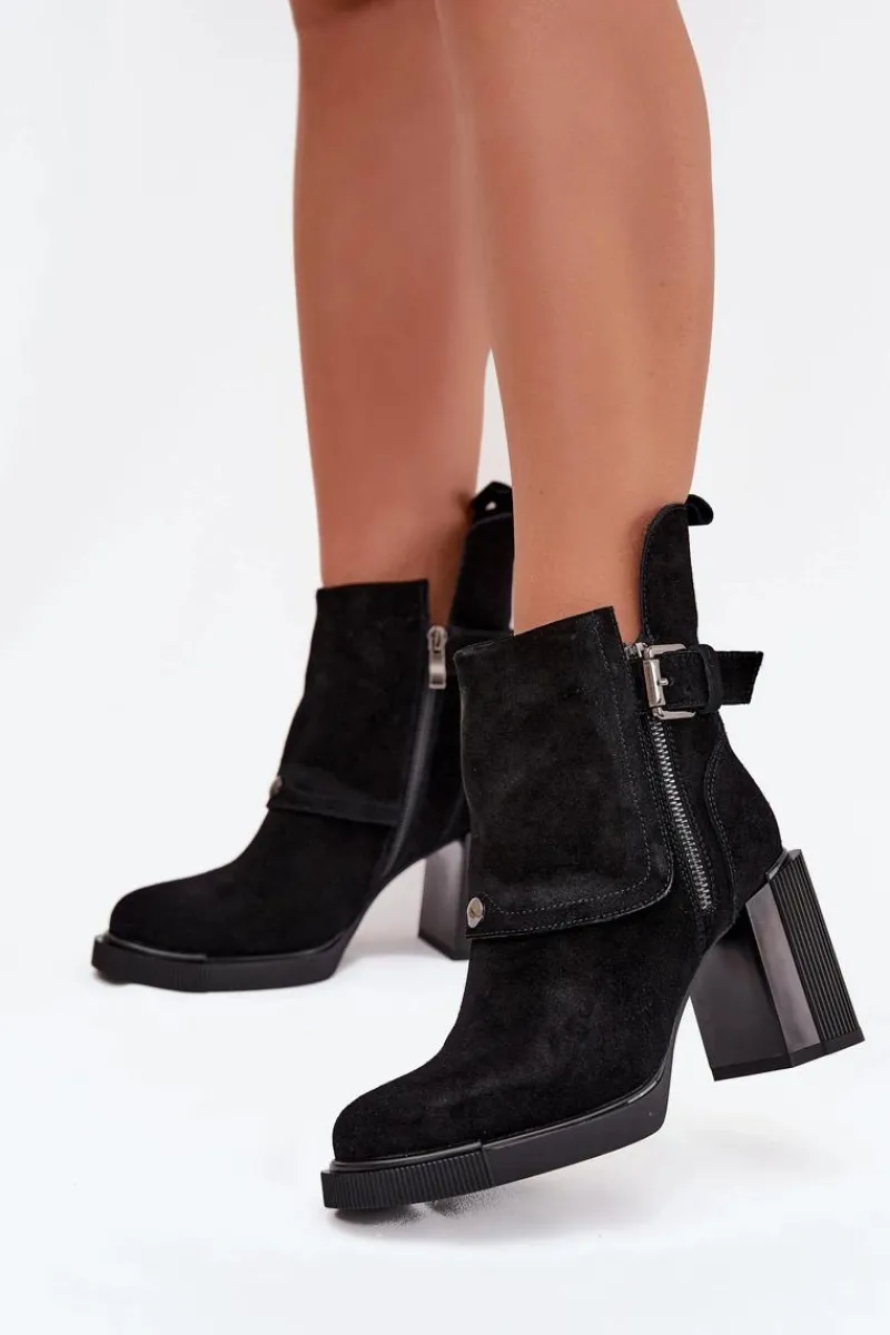 New Botki Z Naturalnego Zamszu Na Słupku Z Klamrą Vinceza 91152 Czarne Damskie Botki Ocieplane|Botki Skórzane