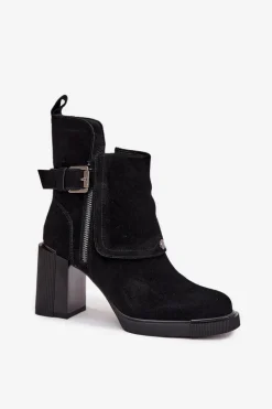 New Botki Z Naturalnego Zamszu Na Słupku Z Klamrą Vinceza 91152 Czarne Damskie Botki Ocieplane|Botki Skórzane
