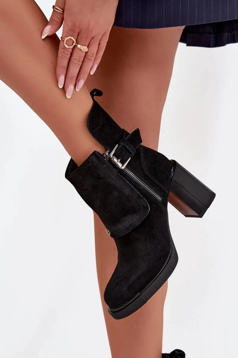 New Botki Z Naturalnego Zamszu Na Słupku Z Klamrą Vinceza 91152 Czarne Damskie Botki Ocieplane|Botki Skórzane