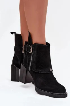 New Botki Z Naturalnego Zamszu Na Słupku Z Klamrą Vinceza 91152 Czarne Damskie Botki Ocieplane|Botki Skórzane