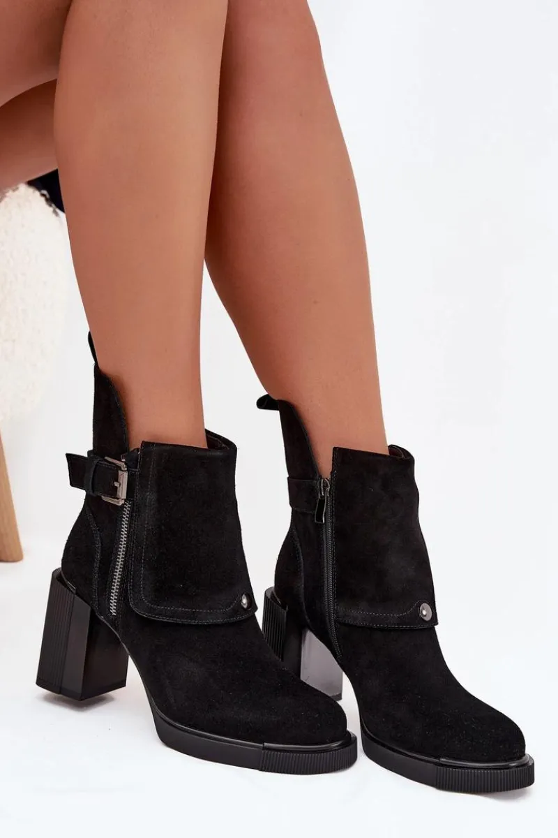 New Botki Z Naturalnego Zamszu Na Słupku Z Klamrą Vinceza 91152 Czarne Damskie Botki Ocieplane|Botki Skórzane