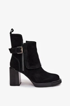 New Botki Z Naturalnego Zamszu Na Słupku Z Klamrą Vinceza 91152 Czarne Damskie Botki Ocieplane|Botki Skórzane