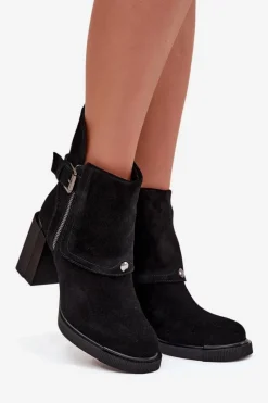New Botki Z Naturalnego Zamszu Na Słupku Z Klamrą Vinceza 91152 Czarne Damskie Botki Ocieplane|Botki Skórzane