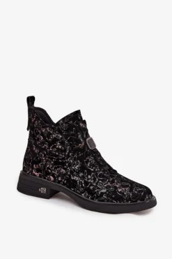 Hot Botki Z Naturalnego Zamszu Na Niskim Obcasie CR52-713 Czarno-Brązowe Damskie Czarne Botki|Botki Na Obcasie