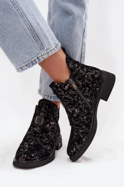 Hot Botki Z Naturalnego Zamszu Na Niskim Obcasie CR52-713 Czarno-Brązowe Damskie Czarne Botki|Botki Na Obcasie