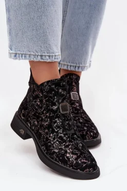 Hot Botki Z Naturalnego Zamszu Na Niskim Obcasie CR52-713 Czarno-Brązowe Damskie Czarne Botki|Botki Na Obcasie