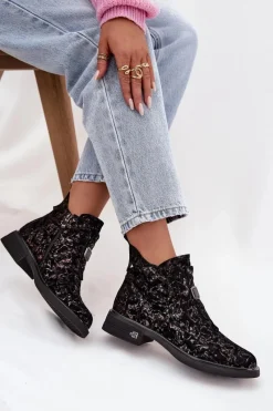 Hot Botki Z Naturalnego Zamszu Na Niskim Obcasie CR52-713 Czarno-Brązowe Damskie Czarne Botki|Botki Na Obcasie