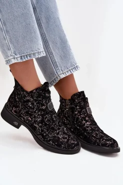 Hot Botki Z Naturalnego Zamszu Na Niskim Obcasie CR52-713 Czarno-Brązowe Damskie Czarne Botki|Botki Na Obcasie