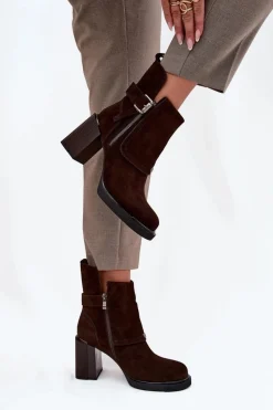 Botki Ocieplane|Botki Skórzane>Buty damskie Vinceza Botki Z Naturalnego Zamszu Na Słupku Z Klamrą Vinceza 91152 Czekoladowe