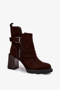 Botki Ocieplane|Botki Skórzane>Buty damskie Vinceza Botki Z Naturalnego Zamszu Na Słupku Z Klamrą Vinceza 91152 Czekoladowe