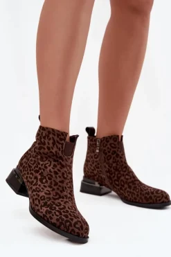 Hot Botki Z Naturalnego Zamszu Na Klocku Panterka JC52-852 Brązowe Damskie Botki Ocieplane|Botki Skórzane