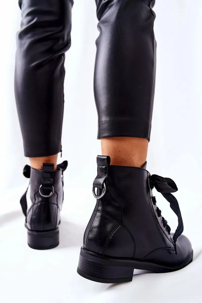 Botki Z Ozdobnym Wiązaniem Czarne Tayah Damskie Botki Sznurowane|Czarne Botki