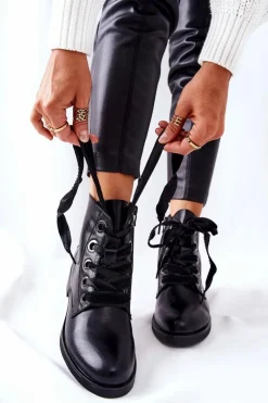 Botki Z Ozdobnym Wiązaniem Czarne Tayah Damskie Botki Sznurowane|Czarne Botki