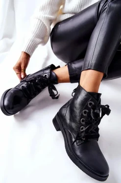 Botki Z Ozdobnym Wiązaniem Czarne Tayah Damskie Botki Sznurowane|Czarne Botki