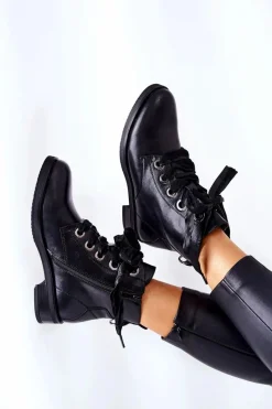 Botki Z Ozdobnym Wiązaniem Czarne Tayah Damskie Botki Sznurowane|Czarne Botki