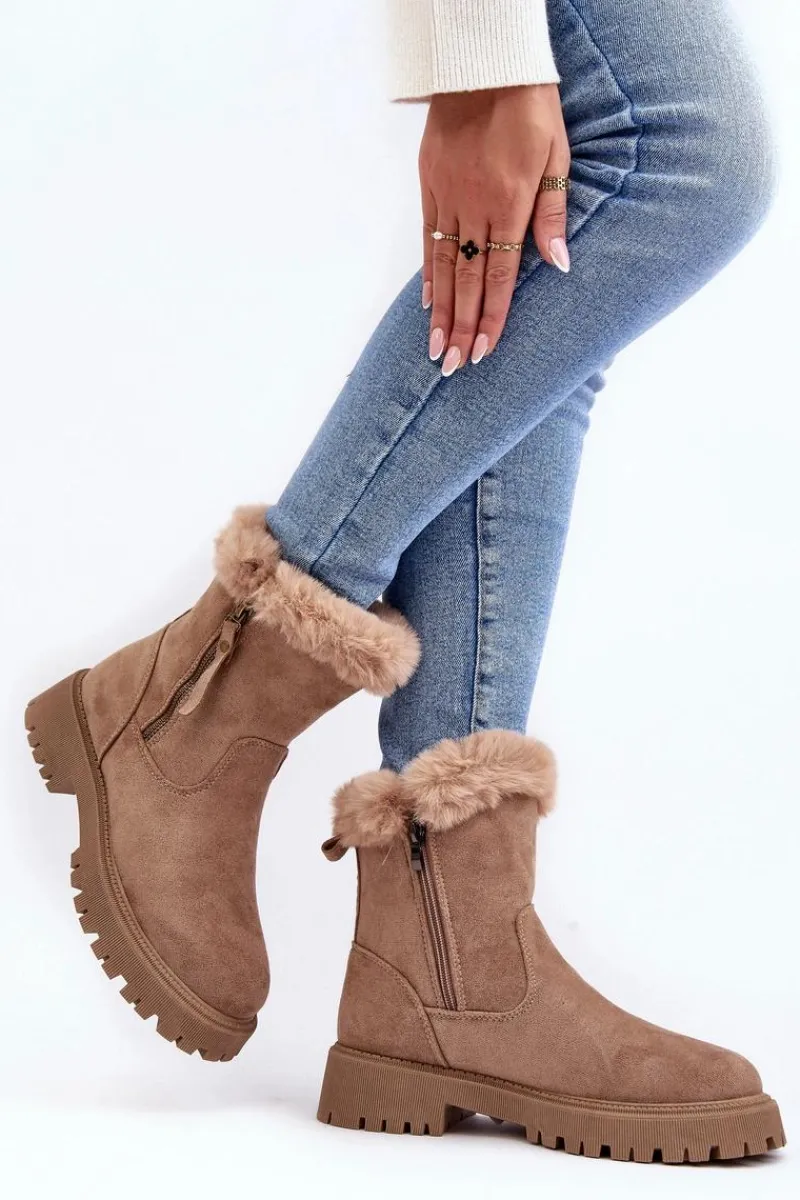 Hot Evento Botki Zamszowe Damskie Z Futerkiem Beżowe Hasiva