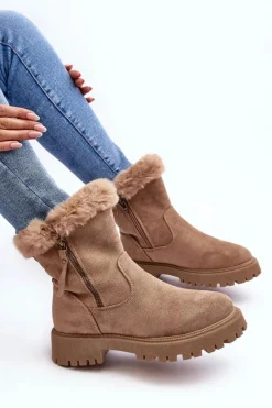 Hot Evento Botki Zamszowe Damskie Z Futerkiem Beżowe Hasiva