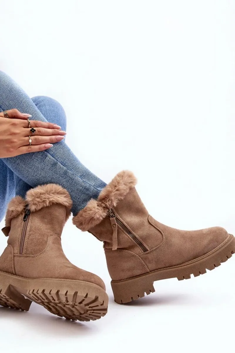 Hot Evento Botki Zamszowe Damskie Z Futerkiem Beżowe Hasiva