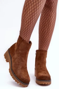 Discount Botki Zamszowe Na Płaskim Obcasie Ocieplane Brązowe Neafgi Damskie Botki Zimowe Damskie|Brązowe I Beżowe Botki