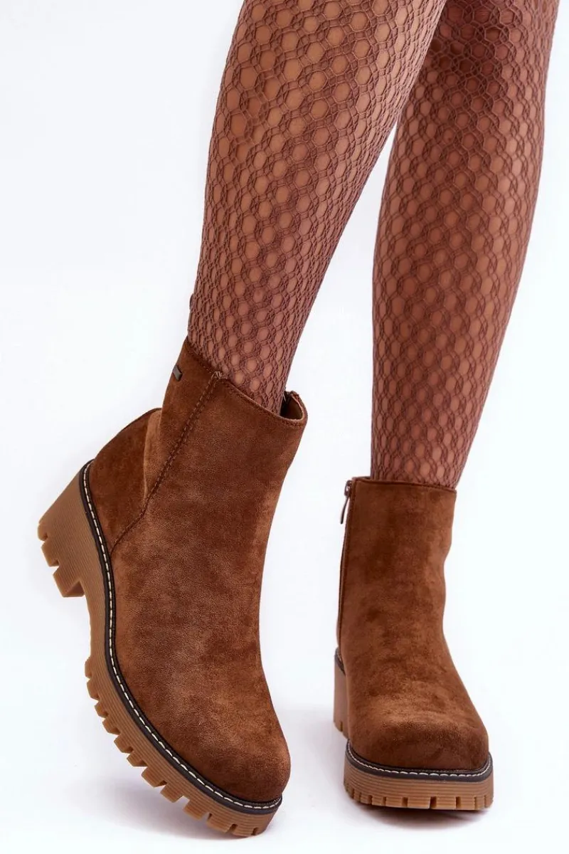 Discount Botki Zamszowe Na Płaskim Obcasie Ocieplane Brązowe Neafgi Damskie Botki Zimowe Damskie|Brązowe I Beżowe Botki