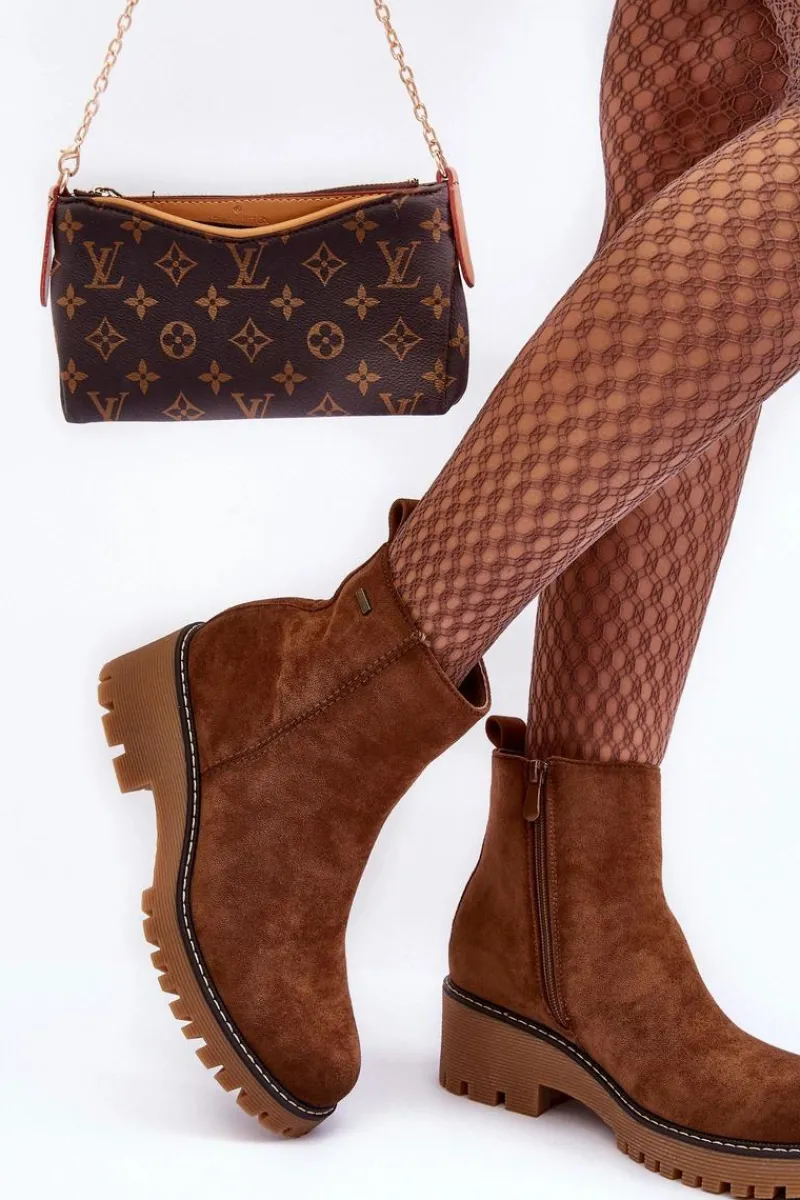 Discount Botki Zamszowe Na Płaskim Obcasie Ocieplane Brązowe Neafgi Damskie Botki Zimowe Damskie|Brązowe I Beżowe Botki