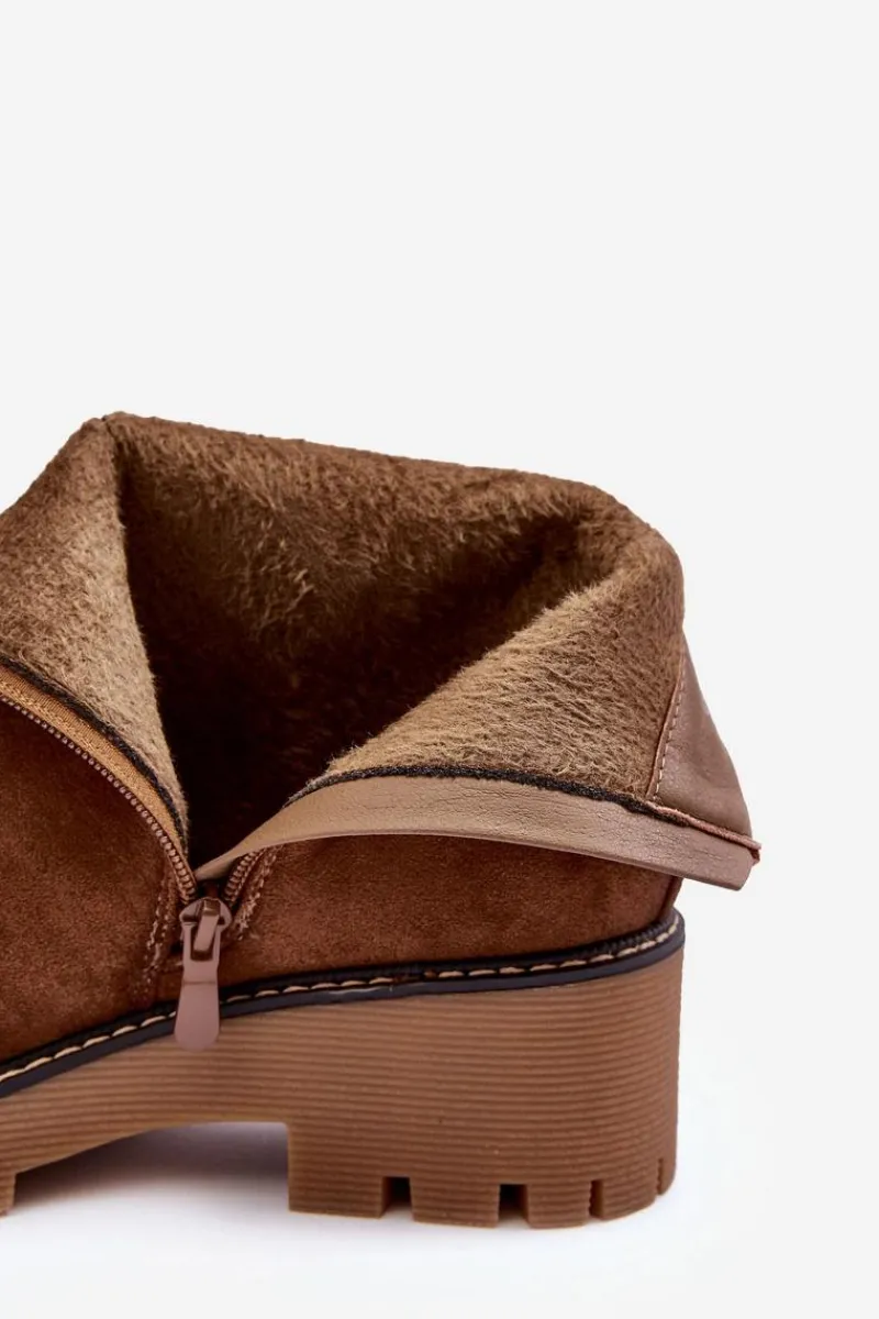 Discount Botki Zamszowe Na Płaskim Obcasie Ocieplane Brązowe Neafgi Damskie Botki Zimowe Damskie|Brązowe I Beżowe Botki