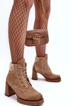 Botki Ocieplane|Botki Skórzane>Boto Botki Zamszowe Sznurowane Na Słupku Beżowe Lemar Flomes Beżowy