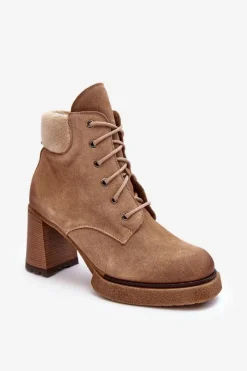 Botki Ocieplane|Botki Skórzane>Boto Botki Zamszowe Sznurowane Na Słupku Beżowe Lemar Flomes Beżowy