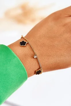 Bransoletki>Glam Chic Bransoletka Na Łańcuszku Z Kwiatami Złoto-Czarna