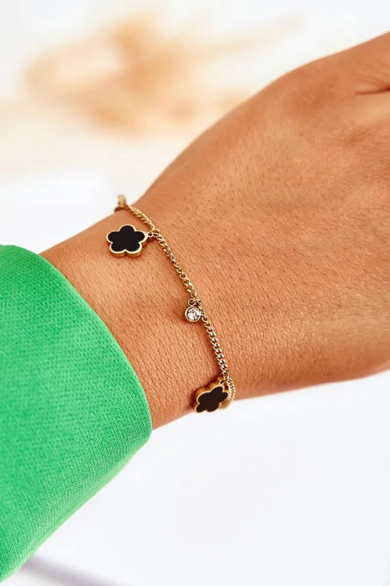 Bransoletki>Glam Chic Bransoletka Na Łańcuszku Z Kwiatami Złoto-Czarna