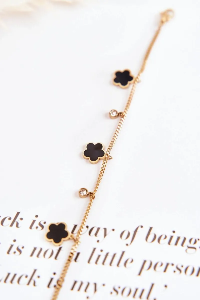 Bransoletki>Glam Chic Bransoletka Na Łańcuszku Z Kwiatami Złoto-Czarna